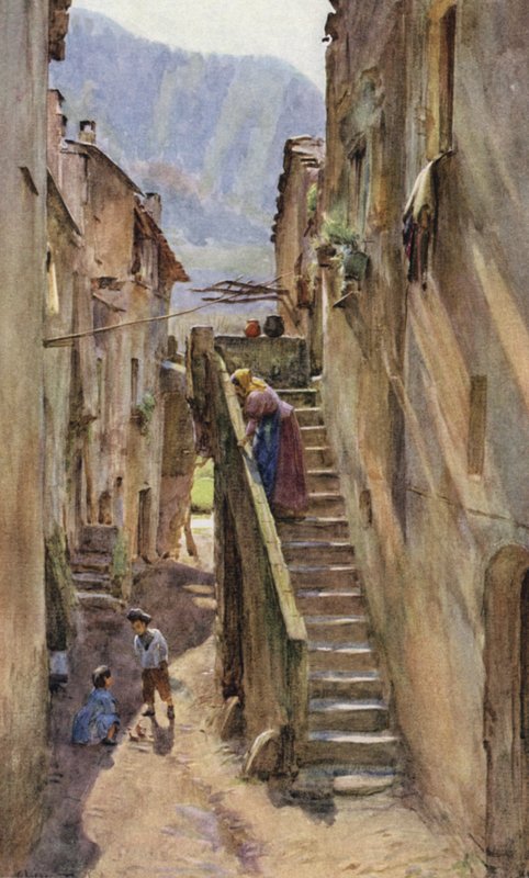 Vicolo del Ponte，Villa Nuova Di Albenga，意大利（彩色石版画） 作者 沃尔特·弗雷德里克·屋顶·廷代尔