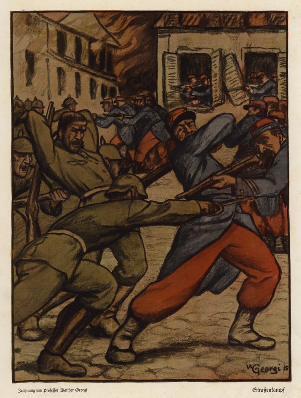 第一次世界大战中德国和法国士兵之间的巷战（彩色石版画） 作者 沃尔特·乔治