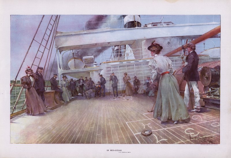 In Mid-Ocean: passengers enjoying a game of shuffleboard on board a ship (colour litho) 作者 沃尔特·格兰维尔·史密斯
