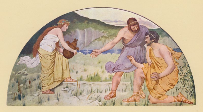 普罗米修斯告诫埃庇米修斯不要靠近潘多拉（彩色石版画） 作者 沃尔特·麦克尤恩