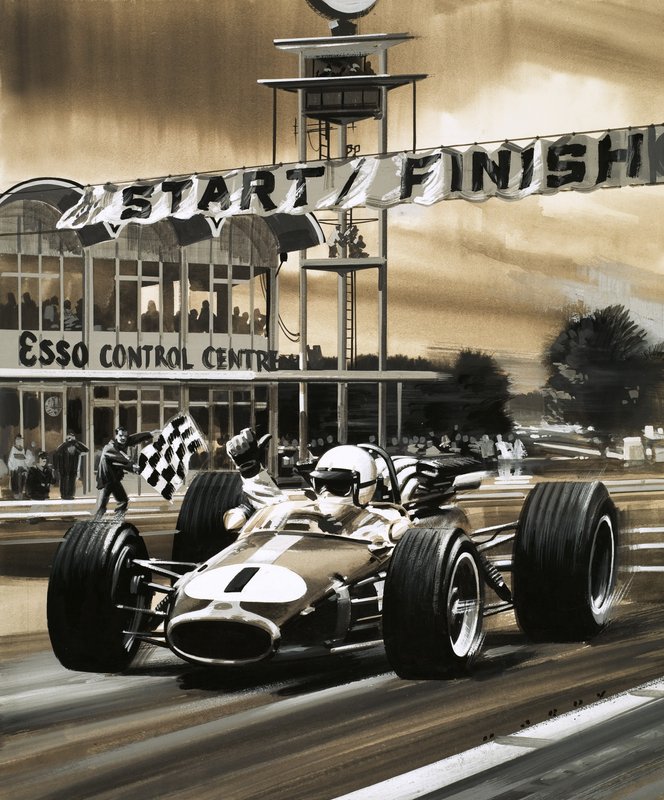 杰克-布拉汉姆（Jack Brabham）赢得首届加拿大大奖赛冠军时竖起大拇指 作者 威尔夫（20世纪）哈代