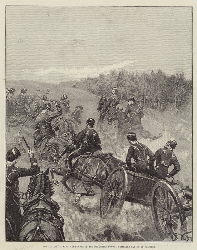 伯克希尔唐斯的秋骑兵演习，炮兵占据位置 作者 威廉·巴恩斯（William Barnes）羊毛