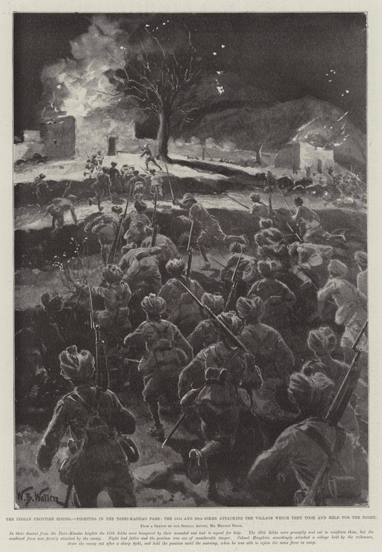 印度边境崛起，战斗在Tseri-Kandao通行证，第15和第36锡克教徒攻击他们为夜间举行的村庄 作者 威廉·巴恩斯（William Barnes）羊毛