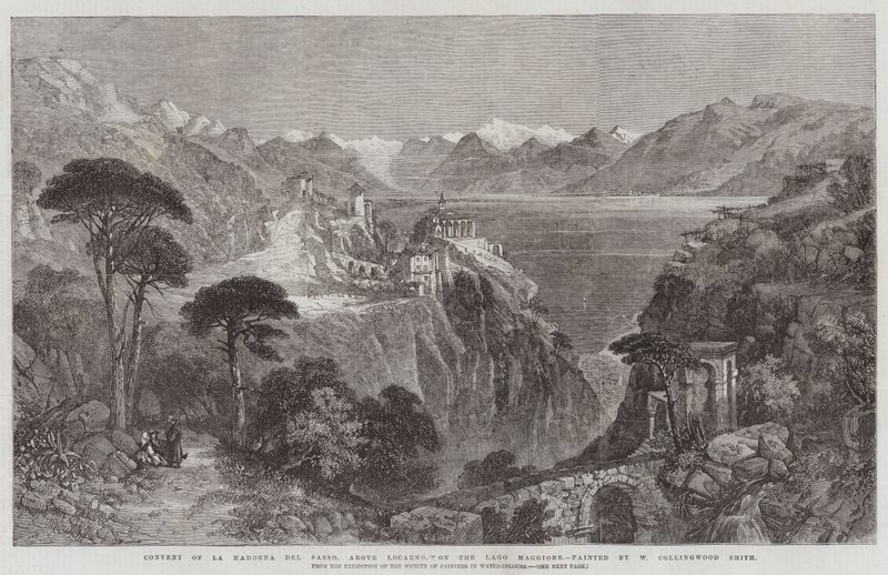 La Madonna del Sasso修道院，位于Locarno上方，位于Lago Maggiore，来自水彩画家协会展览 作者 威廉·哈丁·科林伍德·史密斯