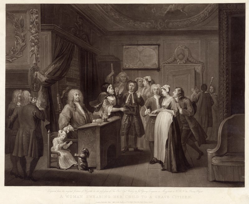 一个女人向一个严肃的公民宣誓她的孩子（mezzotint） 作者 威廉（继）霍加斯