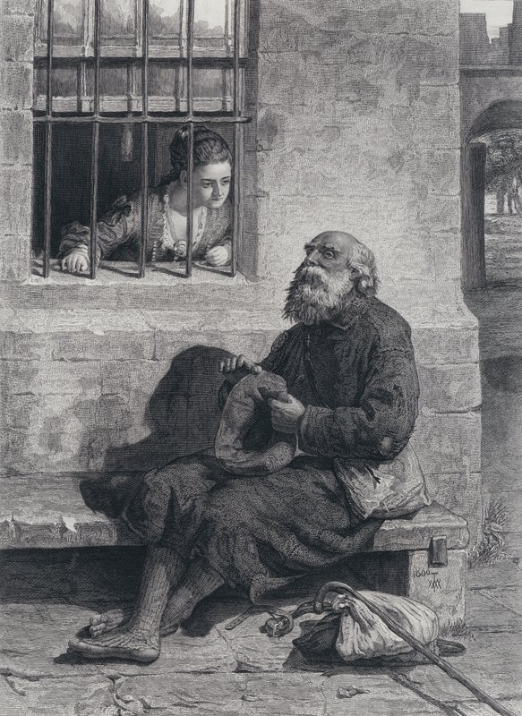Wardour 小姐和 Edie Ochiltree 在标志性客厅的玻璃窗上的采访（版画） 作者 威廉·麦克塔格（之后）