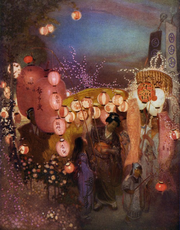 日本节日期间提着灯笼的妇女和儿童（彩色石版画） 作者 威廉（后）沙克尔顿