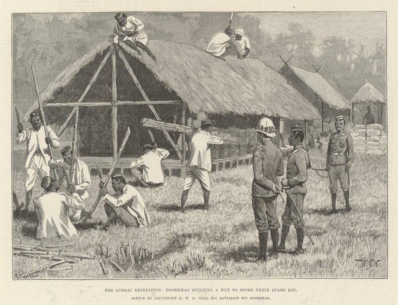 Lushai Expedition，Goorkhas建造了一个小屋来存放他们的备件套件 作者 威廉·巴恩斯（William Barnes）羊毛