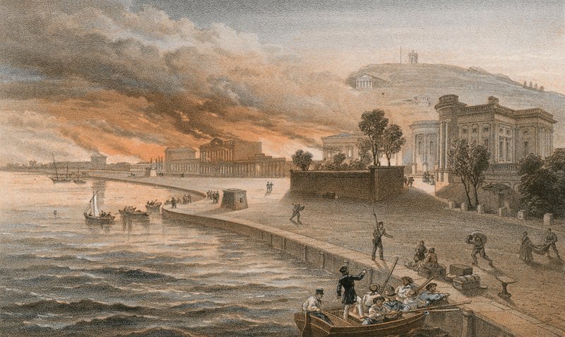 1855年6月9日在Kertch烧毁政府大楼 作者 威廉·克里米亚·辛普森