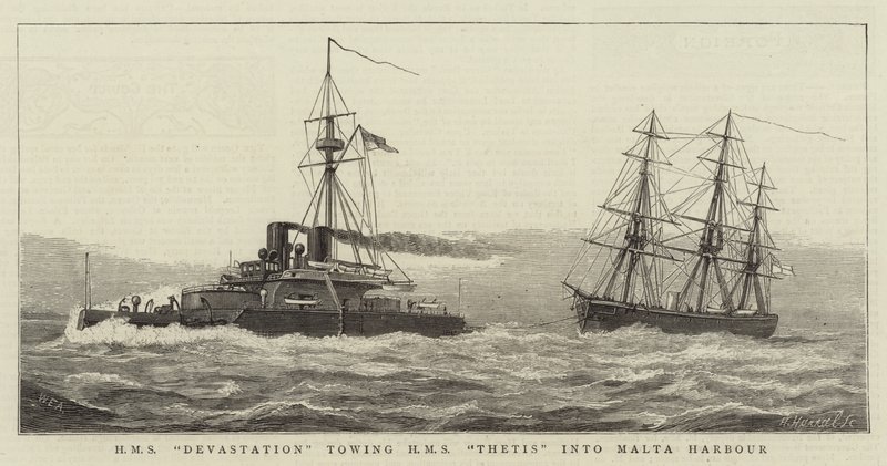 HMS毁灭将HMS Thetis拖入马耳他港 作者 威廉·爱德华·阿特金斯