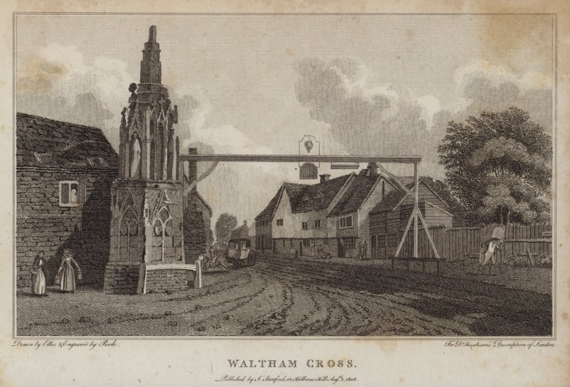 伦敦沃尔瑟姆-克罗斯（Waltham Cross）（雕版印刷）。 作者 威廉·埃利斯