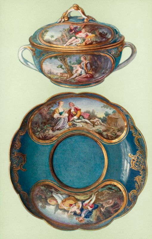 Ecuelle and Stand, Sevres, Turquoise-blue, with Panels after Boucher (colour litho) 作者 威廉·吉布
