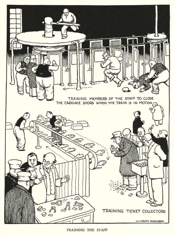 罗宾逊（W Heath Robinson）为《铁道兵》绘制的插图（平版）。 作者 威廉·希思·罗宾逊
