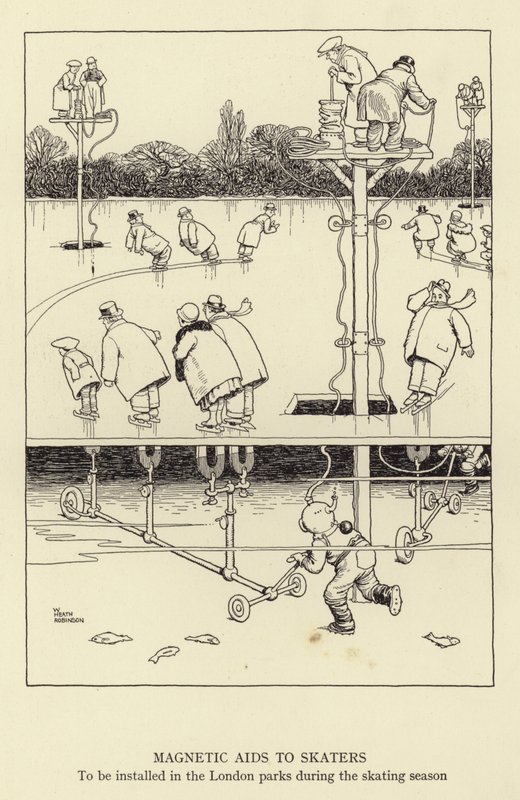 溜冰者的磁性辅助设备，将在滑冰季节安装在伦敦公园 作者 威廉·希思·罗宾逊