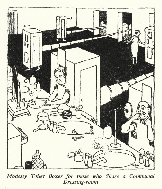 适合共用公共更衣室（石版画）的人的谦虚马桶盒 作者 威廉·希思·罗宾逊