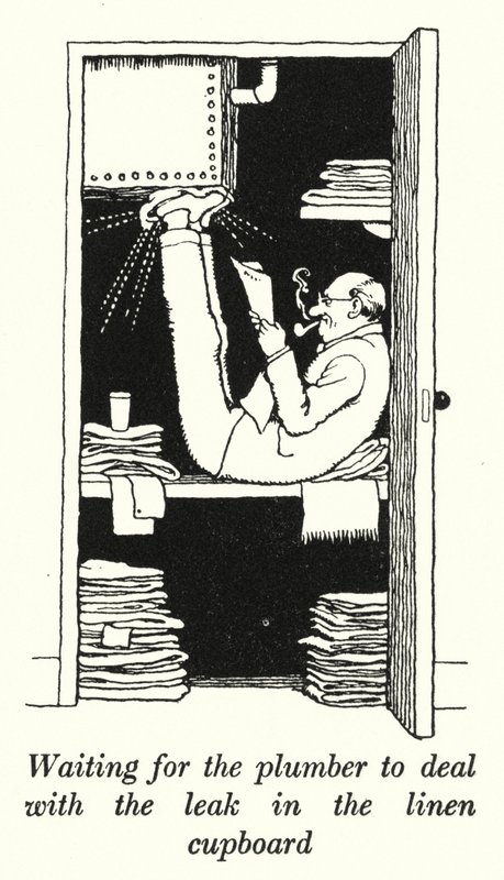 等待水管工处理布草柜漏水（石版画） 作者 威廉·希思·罗宾逊
