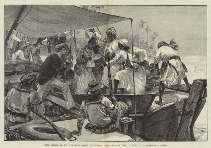 非洲东海岸的封锁，检修可疑单桅帆船的文件（版画） 作者 威廉·海瑟姆（之后）Overend
