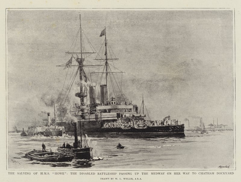 HMS Howe的救助，残疾战舰在前往查塔姆船坞途中经过梅德韦 作者 威廉·莱昂内尔·威利