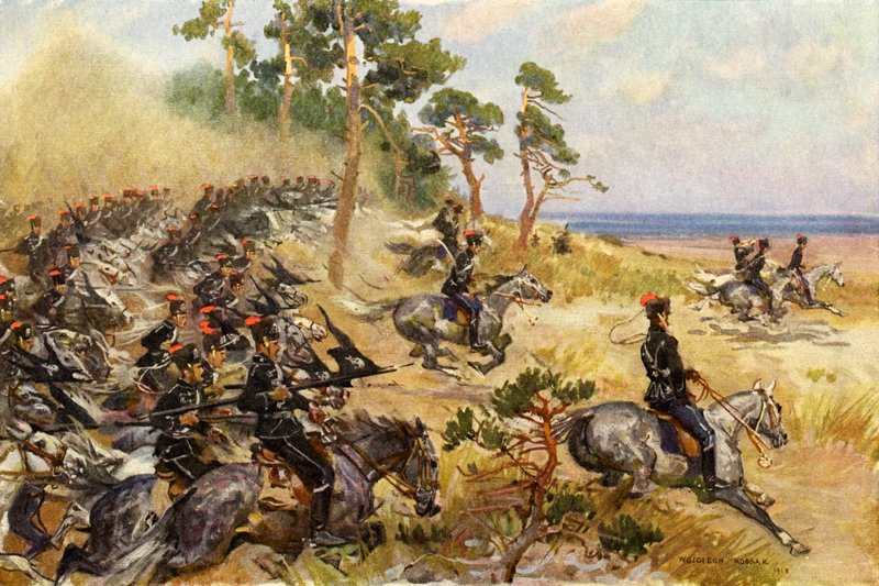 德国第一轻骑兵在练习（彩色石版画） 作者 Wojciech Kossak