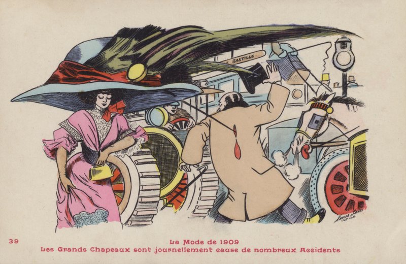 明信片讽刺大帽子和相关的帽子针的危险 -  1909年的时尚 作者 泽维尔·萨格（Xavier Sager）