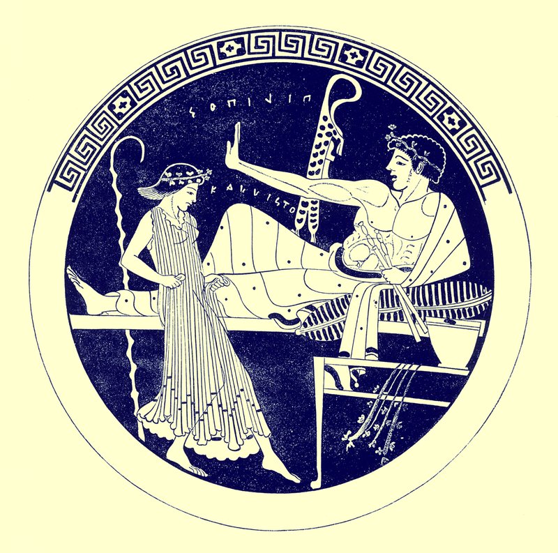跳舞的女孩和盛宴青年，来自JE Harrison和DS MacColl的希腊花瓶画的插图，1894年出版（数字增强图像） 作者 放学后