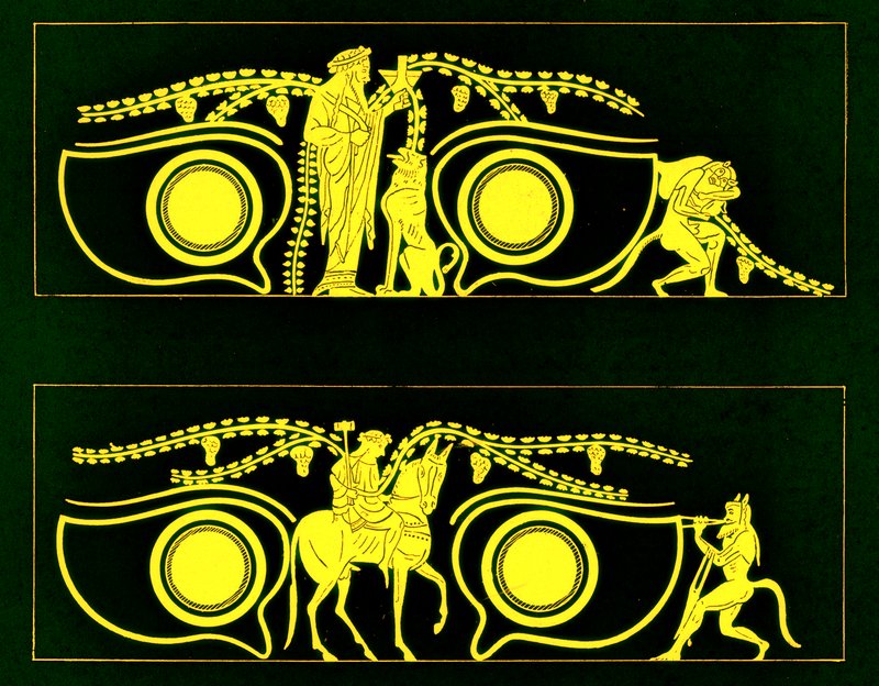 Dionysos，Hephaistos和satyrs，来自JE Harrison和DS MacColl的希腊花瓶画的插图，1894年出版（数字增强图像） 作者 放学后
