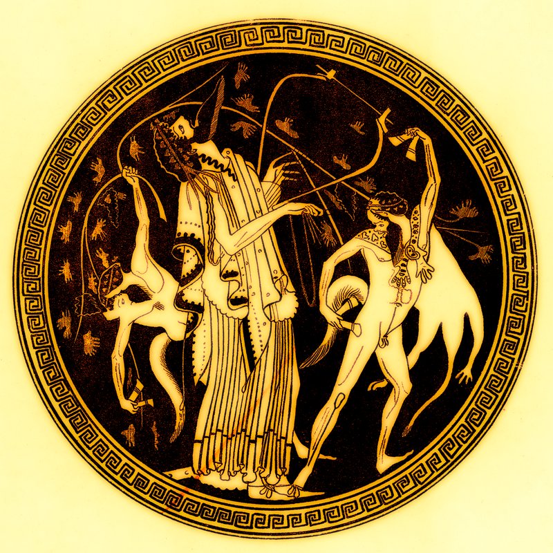Dionysos和satyrs，来自JE Harrison和DS MacColl的希腊花瓶画的插图，1894年出版（数字增强图像） 作者 放学后