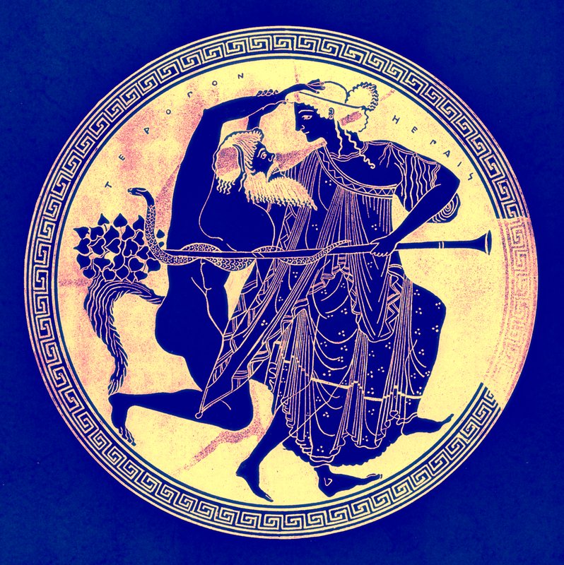 Satyr和Maenad，JE Harrison和DS MacColl的希腊花瓶绘画插图，1894年出版（数字增强图像） 作者 放学后