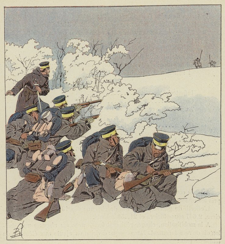 日本步兵在冬季场服饰 作者 在路易斯·查尔斯·轰炸之后