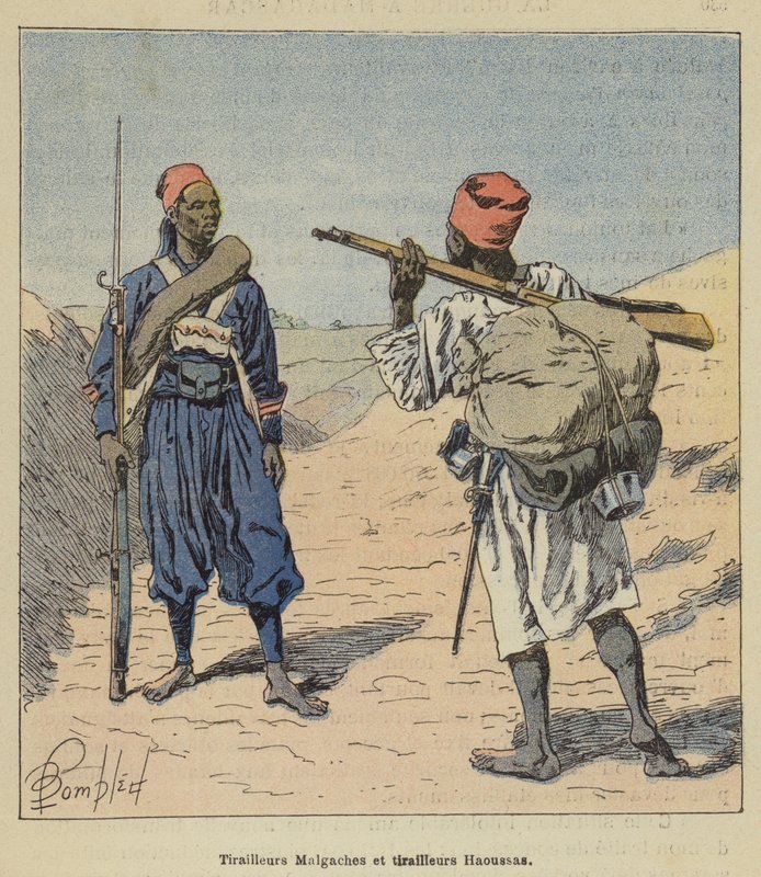 马达加斯加人的散兵和Haoussas Skirmishers 作者 在路易斯·查尔斯·轰炸之后