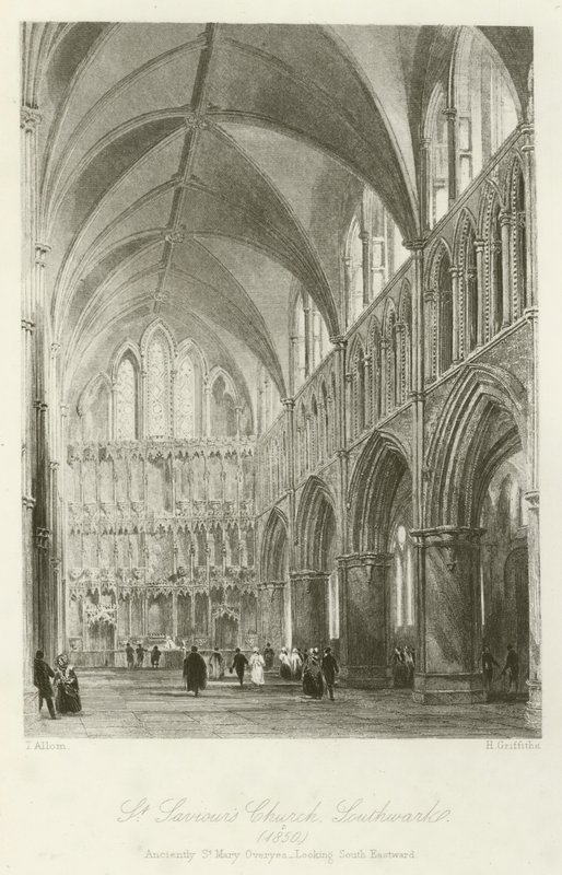 St Saviors教堂，南华克，1850年，古老的St Mary Overyes，向东看东南 作者 在Thomas Allom之后