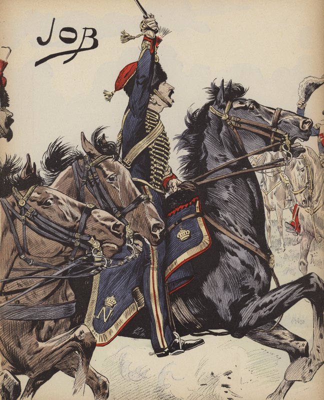 拿破仑战争中的法国骑兵（彩色平版印刷）。 作者 Onfray de Breville Jacques Job的化名
