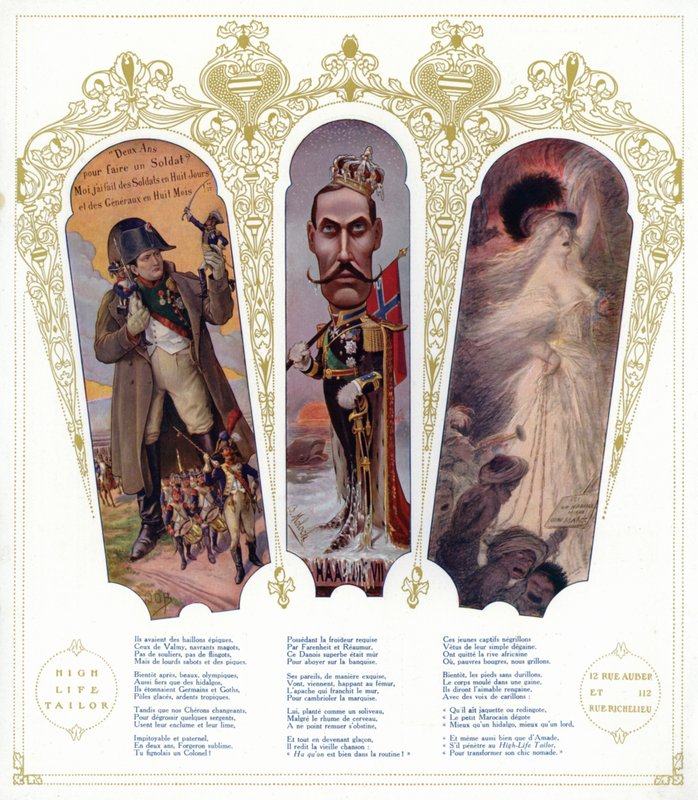 French military training, caricature of King Haakon VII of Norway, and Moroccan immigrants in France (colour litho) 作者 Onfray de Breville Jacques Job的化名