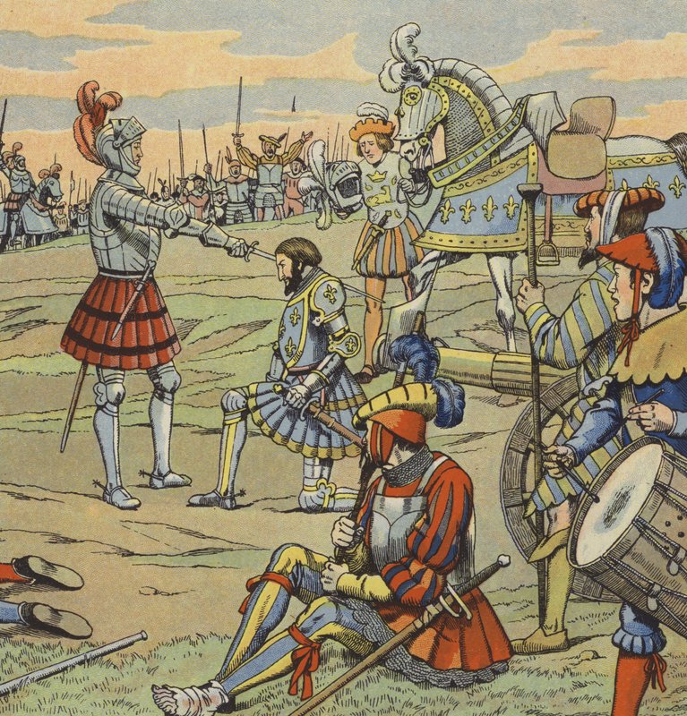 King Francis I of France receiving his knighthood from the Chevalier de Bayard after the Battle of Marignano 作者 Onfray de Breville Jacques Job的化名