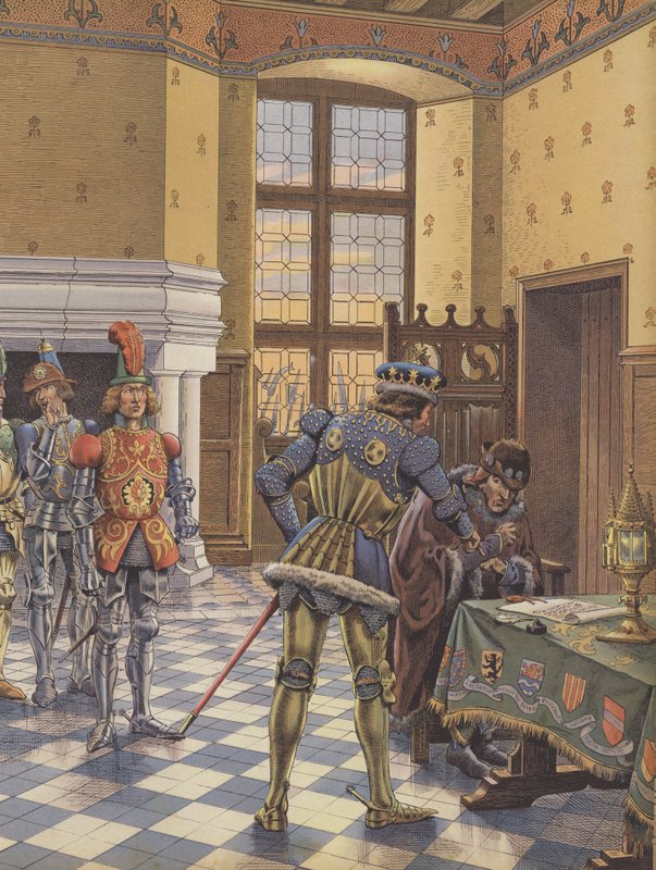 勃艮第公爵查尔斯·博尔德（Charles the Bold）在国王路易十一世之前订立了一项条约，并要求他签署该条约。 作者 Onfray de Breville Job的化名